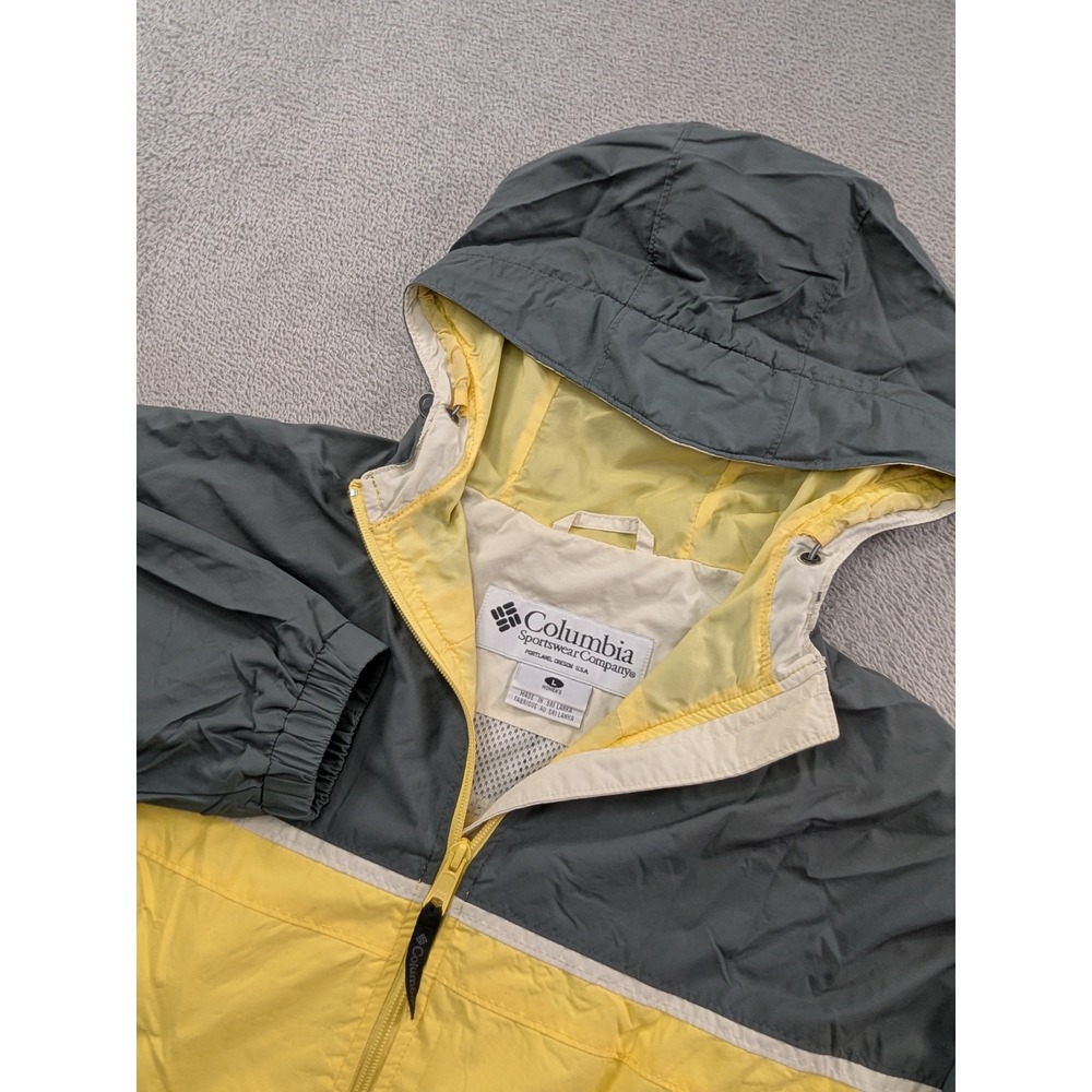 Columbia Packable Windbreaker Jacket Yellow Grey Hooded Full Zip RL2034 Mens L